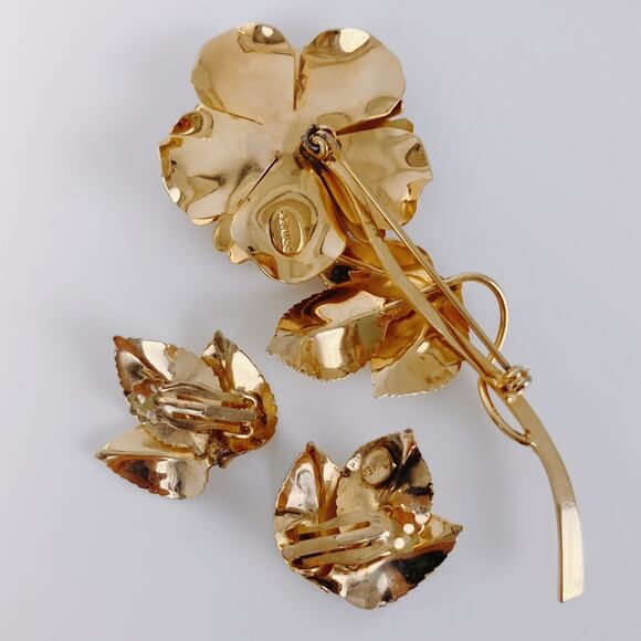 Signed Primex Mid Century Gold Tone Floral Brooch Earrings Set Leaf Flower - Picture 8 of 15